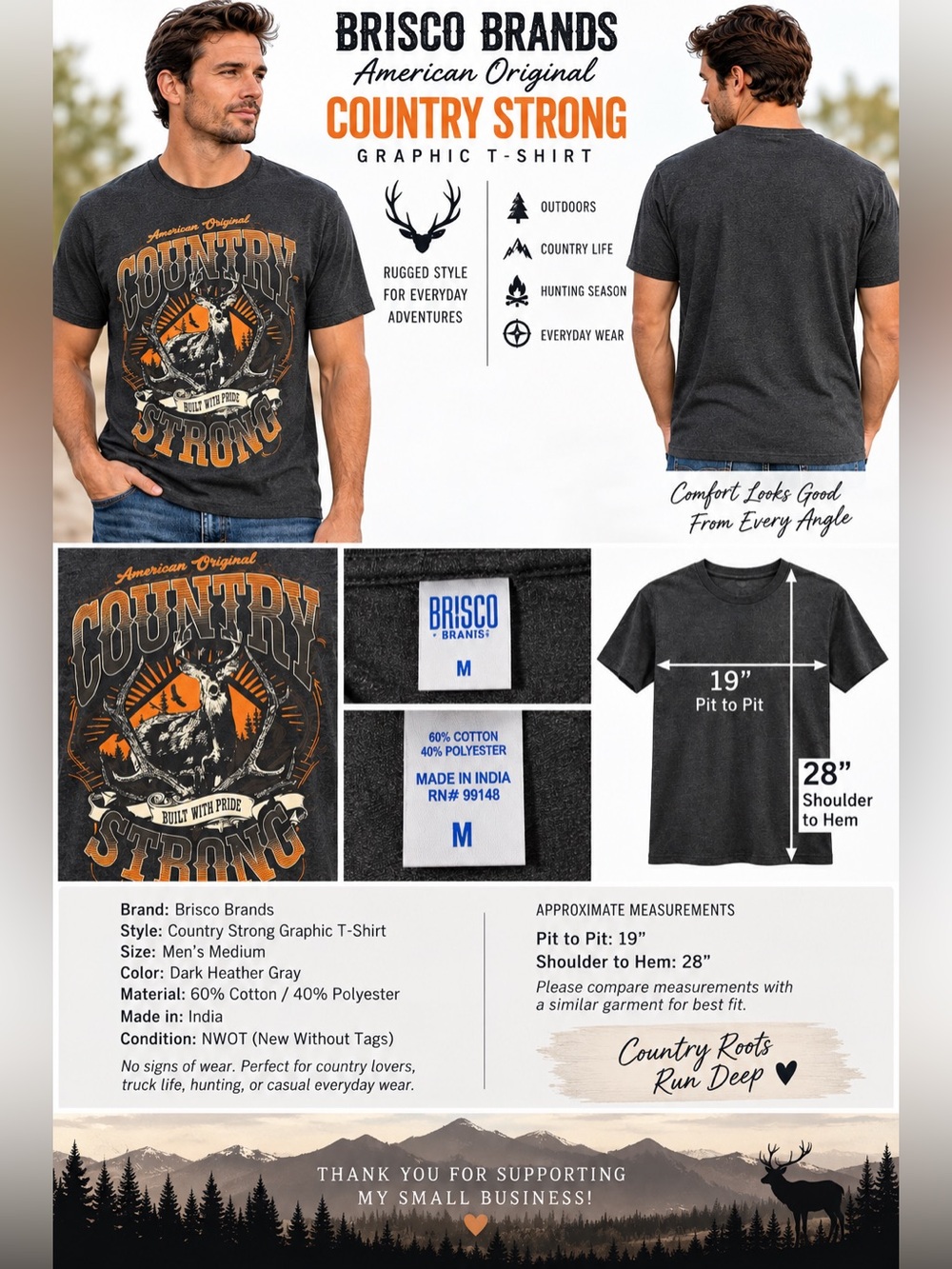 Brisco Brands Country Strong Deer Graphic T-Shirt Men’s Medium Gray Hunting TEE